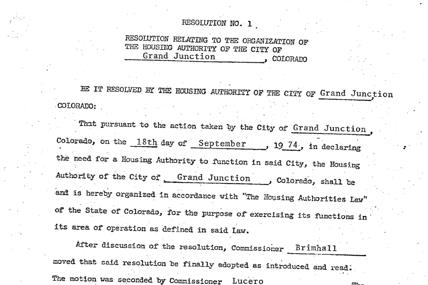 Photocopy of the founding resolution for the Grand Junction Housing Authority