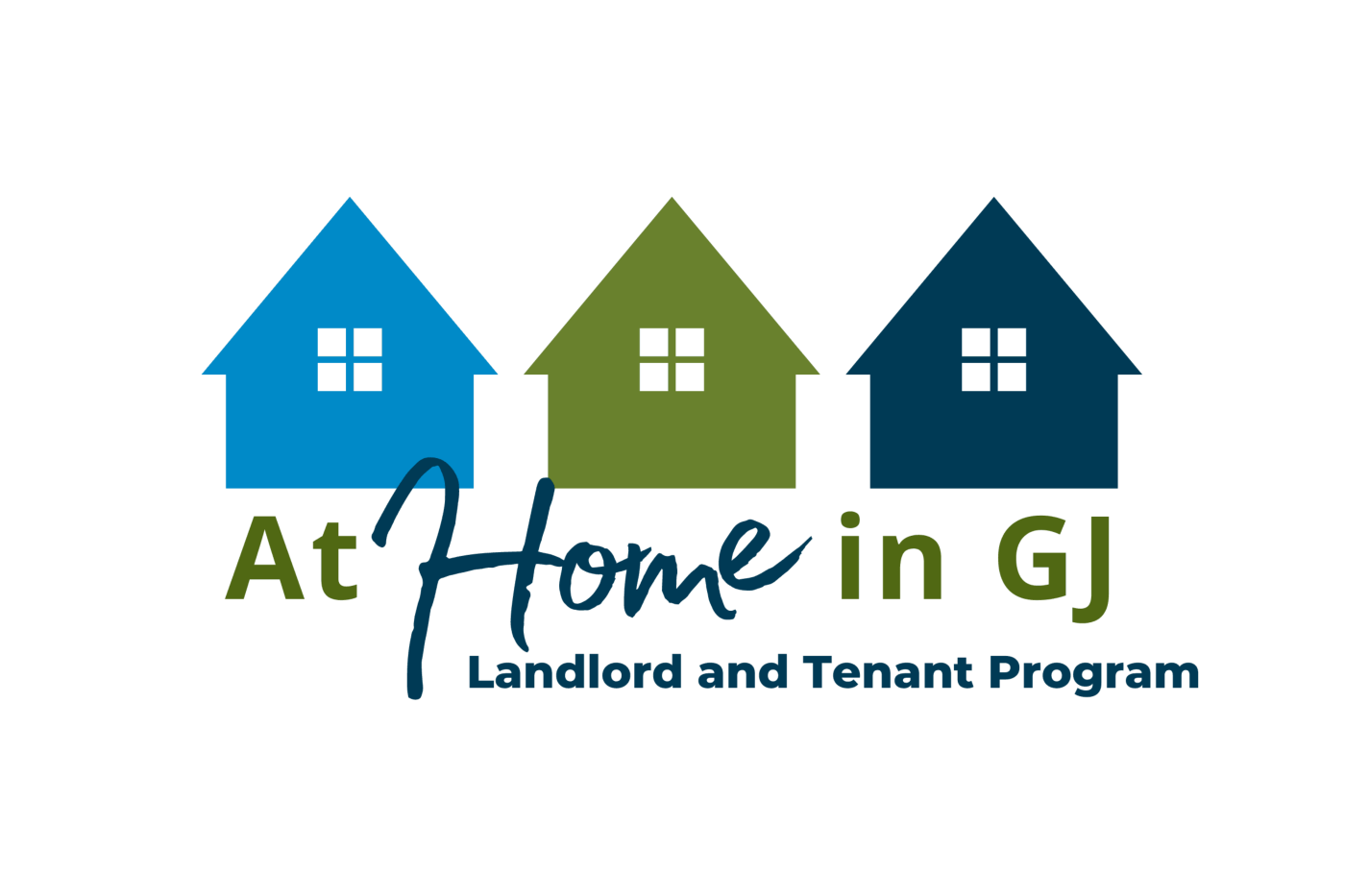 Three colored houses above the words "At Home in GJ, Landlord and Tenant Program"